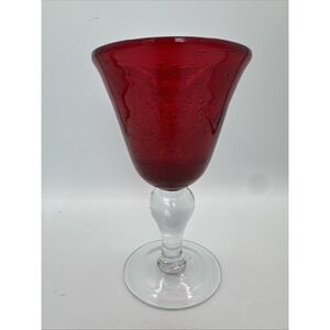 Hand Blown Ruby Red Bubble Art Glass Goblet 8" Studio Wine Chalice Murano Style